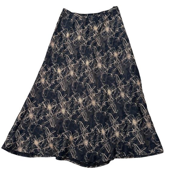 Women's Floral Dark Fairy Linen Silk Blend A-Line Midi Skirt Black Cream, 6P - Picture 1 of 6